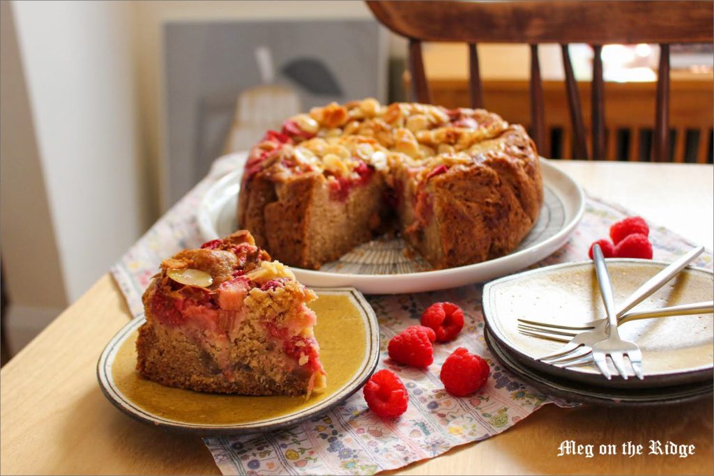 Raspberry rhubarb vegan cake with almonds