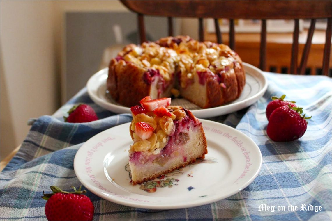 Strawberry rhubarb vegan cake with almonds